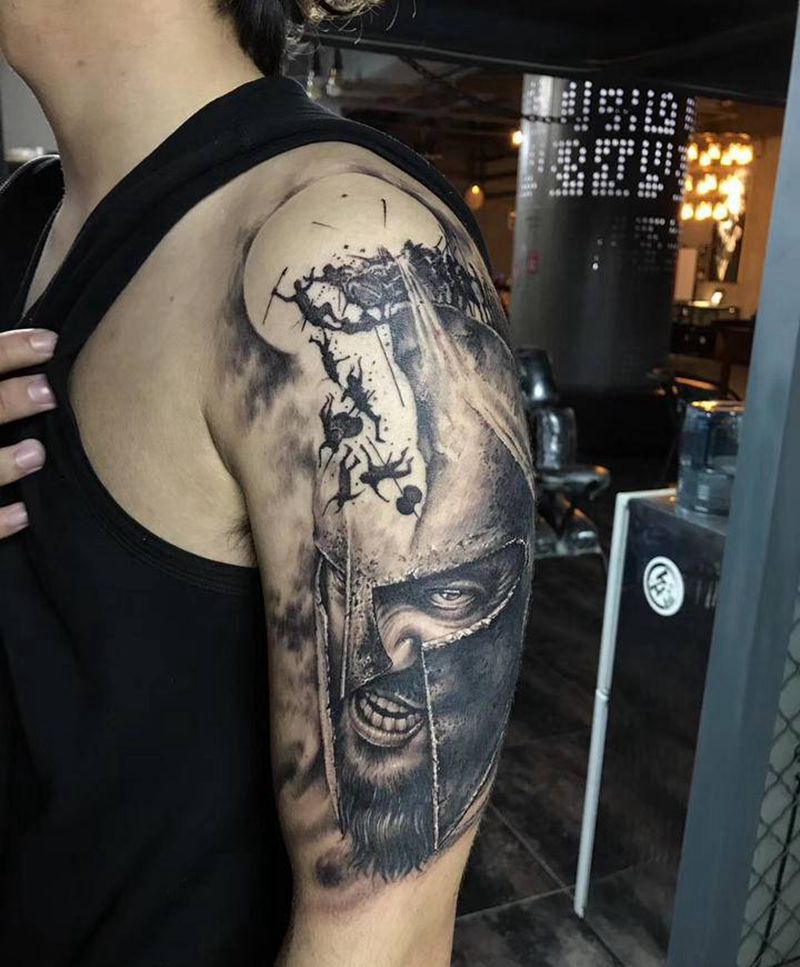 斯巴达勇士纹身图片_手臂欧美写实纹身图案