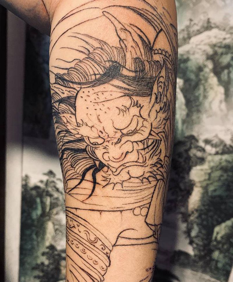 小臂风神割线未完纹身图片_手臂老传统风神纹身图案