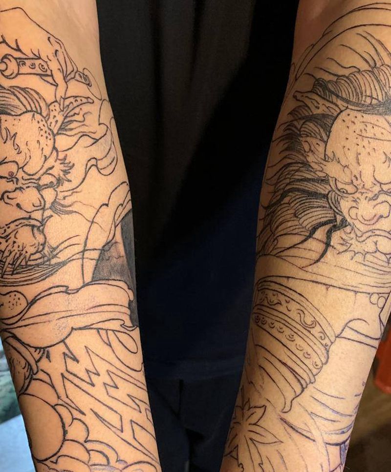 风神雷神接花臂未完纹身图片_手臂老传统风神雷神花臂纹身图案