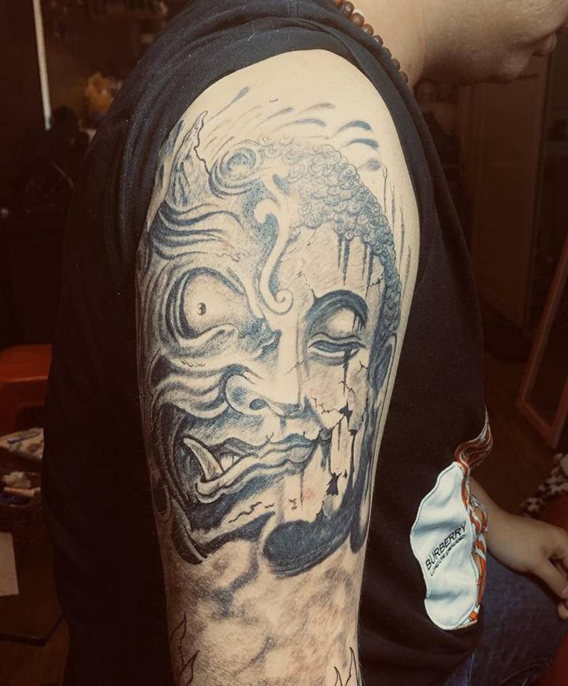 石雕一念之间纹身图片_臀部手臂老传统新传统一念之间佛魔纹身图案