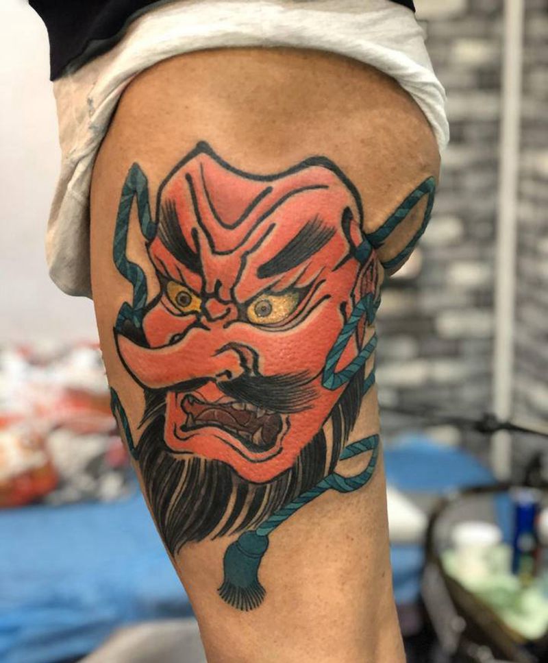 天狗纹身图片_腿部老传统纹身图案