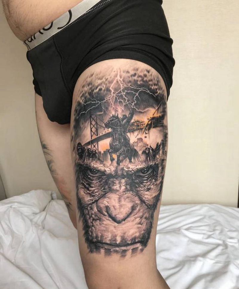 猿星崛起纹身图片_腿部欧美写实纹身图案