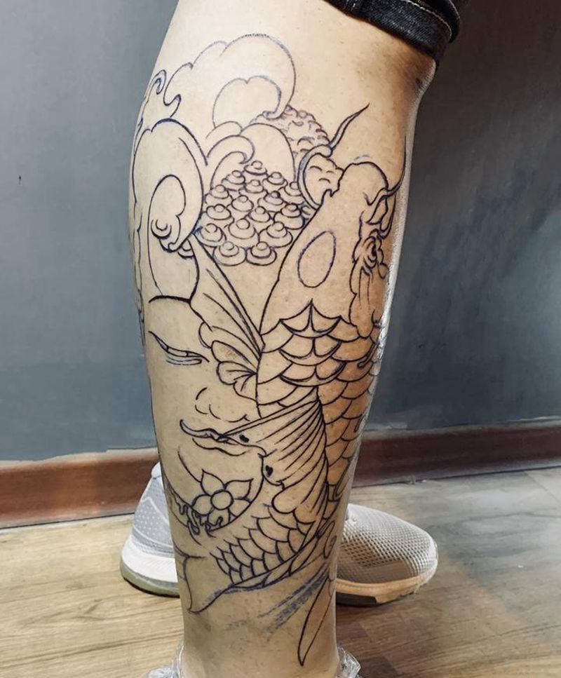 鲤鱼如来包小腿割线纹身图片_腿部老传统新传统鲤鱼如来佛纹身图案