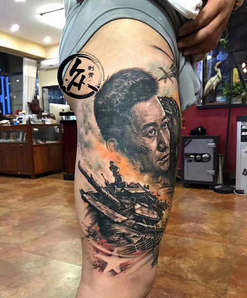 战狼纹身图片_腿部欧美写实纹身图案