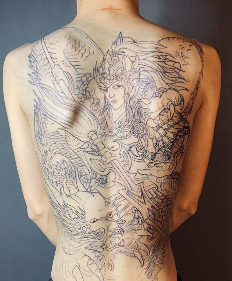 满背赵云割线未完纹身图片_背部老传统新传统传统人物赵云龙纹身图案