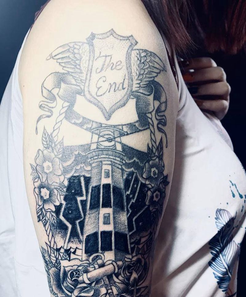 大臂school灯塔纹身图片_手臂Old School灯塔大臂纹身图案