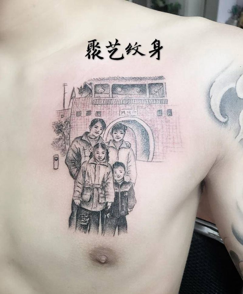 肖像全家福纹身图片_胸部纹身图案