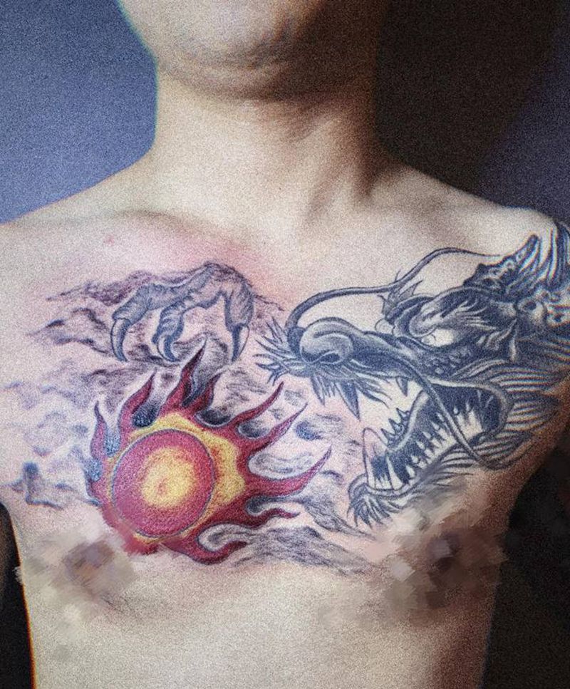 老传统胸口龙头纹身图片_胸部老传统龙龙头前胸纹身图案