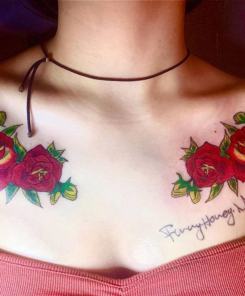 胸口school玫瑰h纹身图片_胸部New SchoolOld School玫瑰胸口锁骨纹身图案