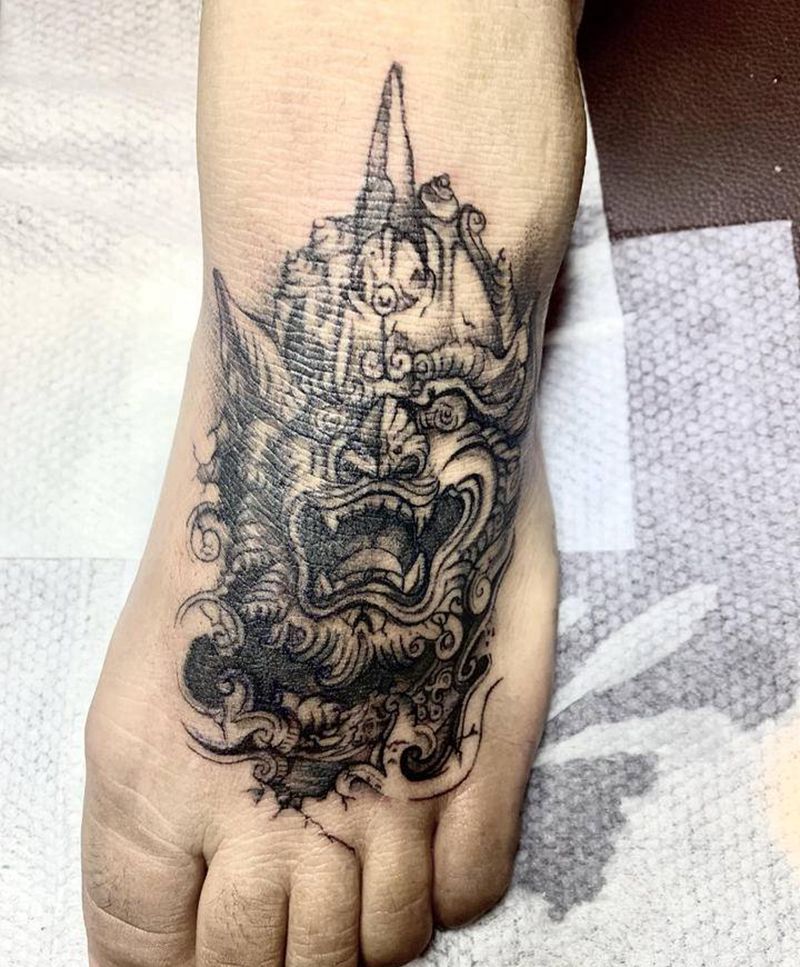 脚面唐狮纹身图片_脚部新传统脚面唐狮石雕纹身图案