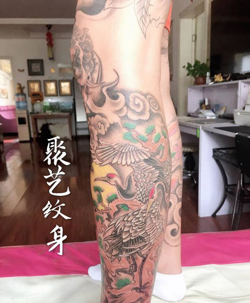 包腿松鹤延年 文昌塔纹身图片_腿部纹身图案