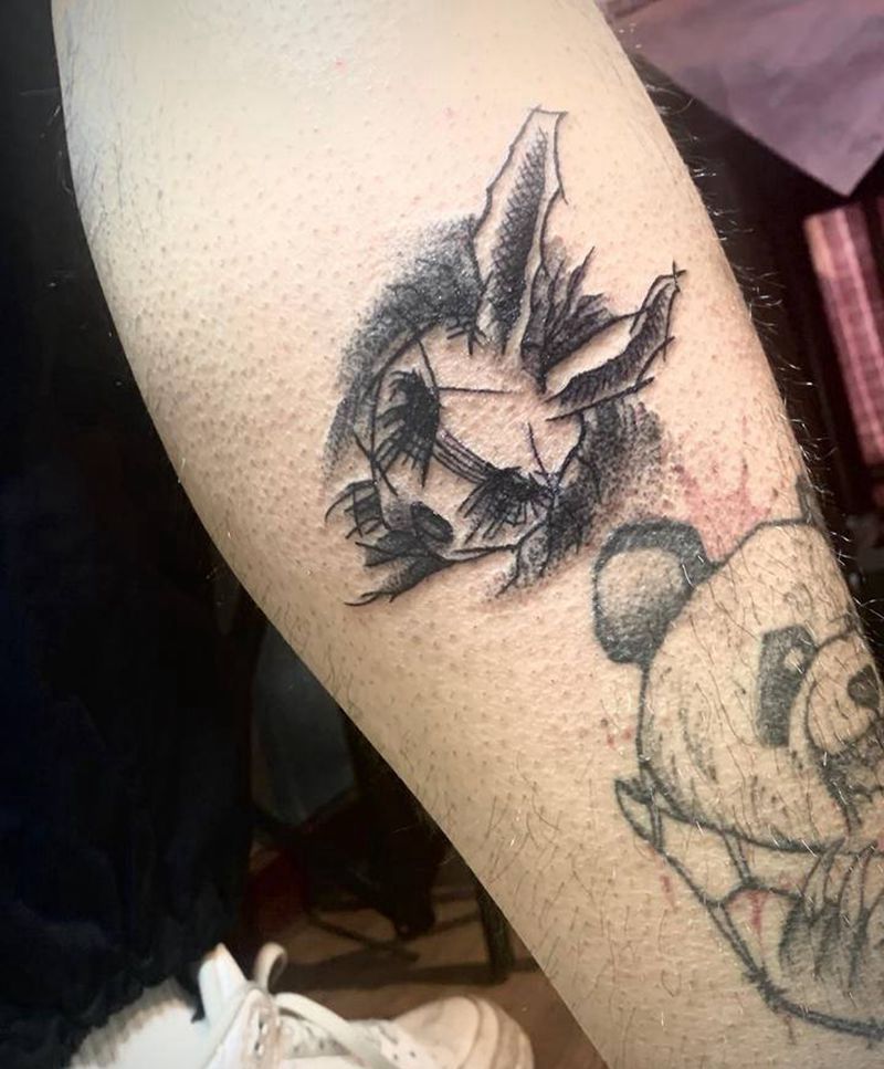 暗黑几何甩针兔子纹身图片_腿部几何欧美甩针兔子纹身图案