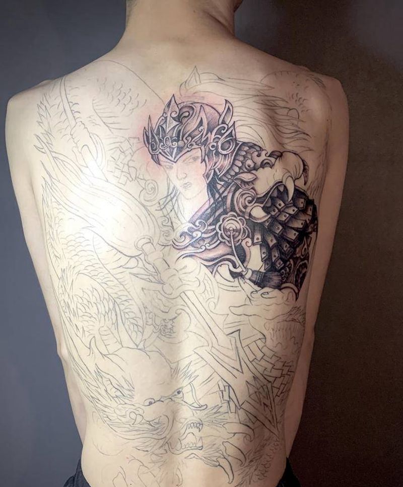 满背赵云纹身图片_背部新传统老传统赵云满背纹身图案