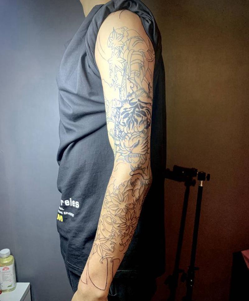 修改连接失败日式老虎花臂纹身图片_手臂新传统修改老虎日式纹身图案