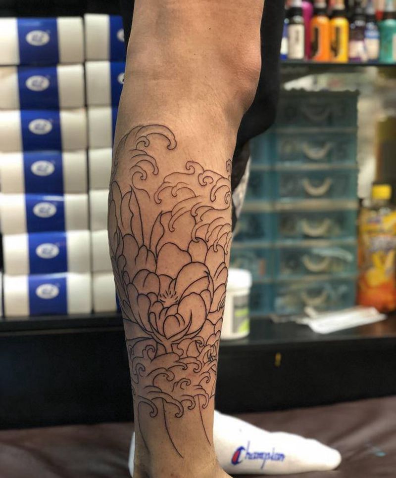 包小腿牡丹线条纹身图片_腿部老传统牡丹，花纹身图案