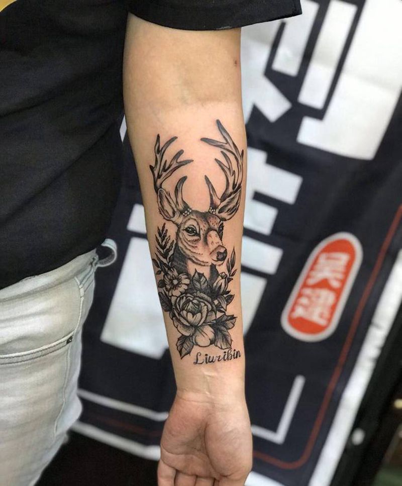 小清新素花，鹿纹身图片_手臂点刺鹿素花纹身图案