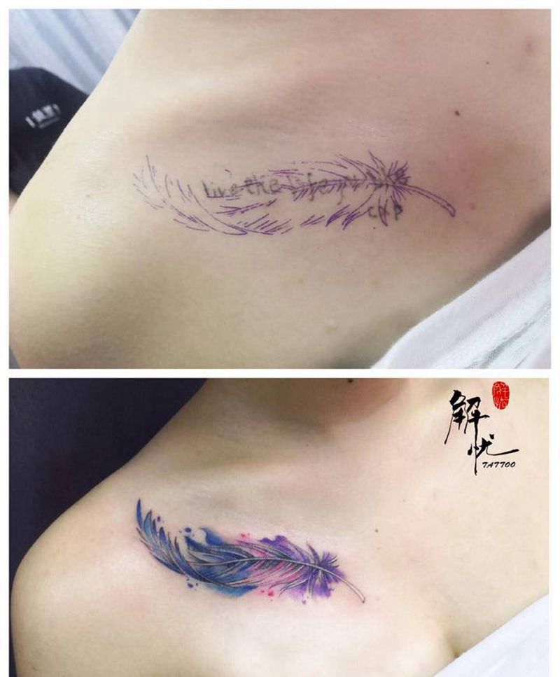 羽毛遮盖纹身图片_胸部水彩纹身图案