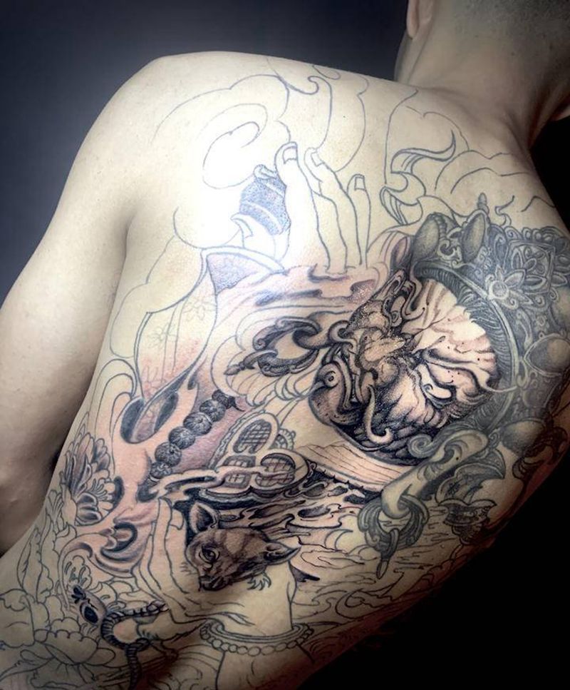 满背黄财神上色第二次纹身图片_背部老传统新传统黄财神满背纹身图案