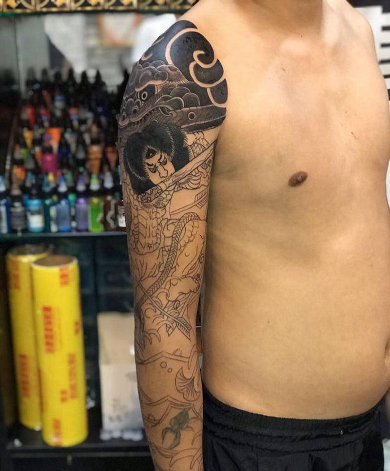 张顺破水门花臂纹身图片_手臂老传统人物纹身图案