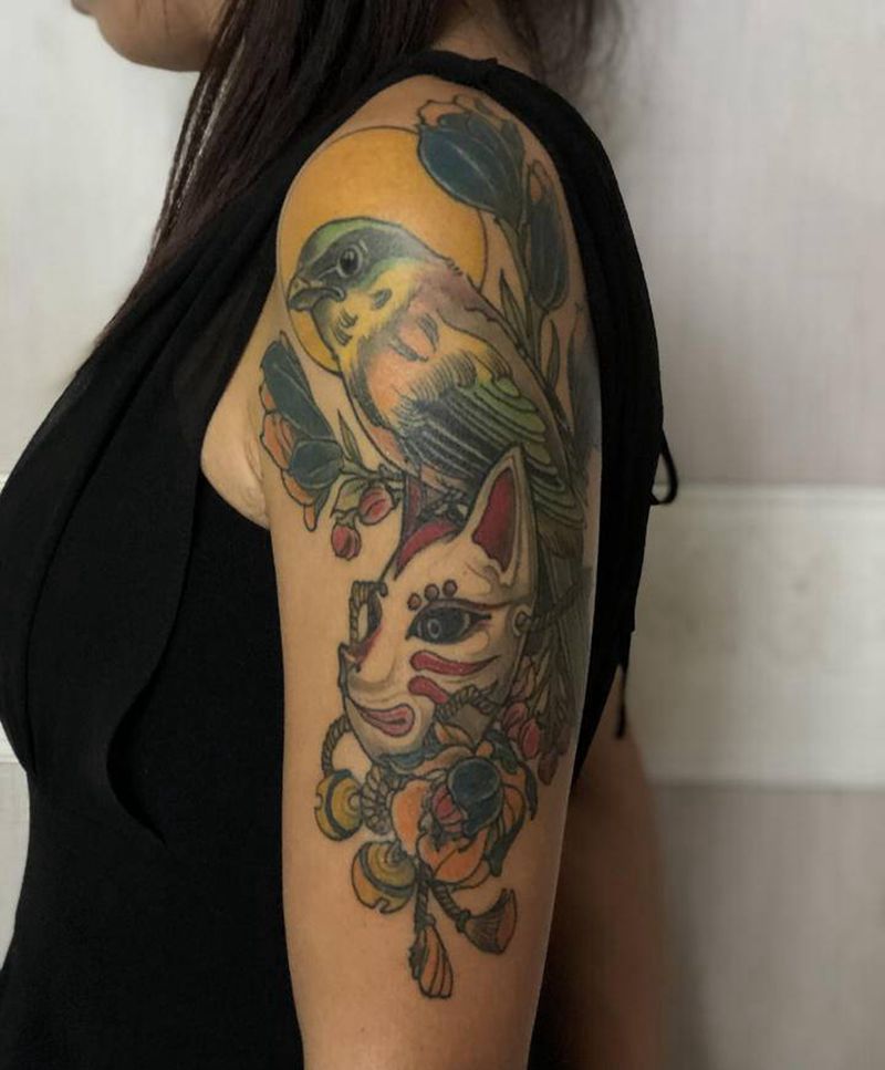 狐狸面具纹身图片_手臂新传统纹身图案