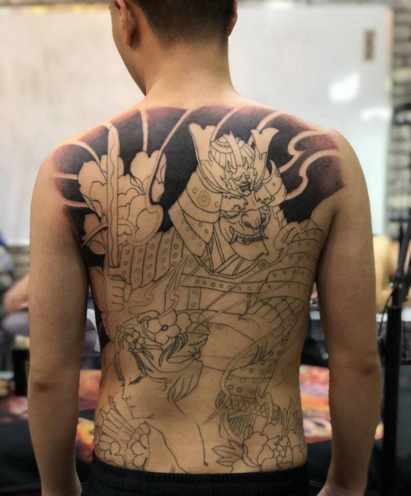 鬼武士纹身图片_背部新传统纹身图案