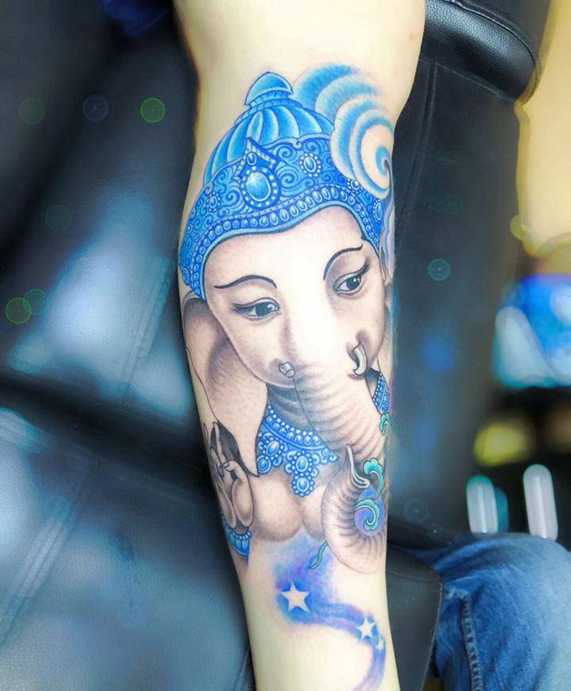 可爱小象神纹身图片_手臂腿部新传统水彩纹身图案