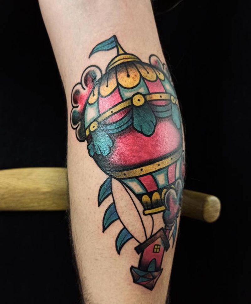 热气球纹身图片_手臂胸部水彩Old School热气球气球花纹身图案