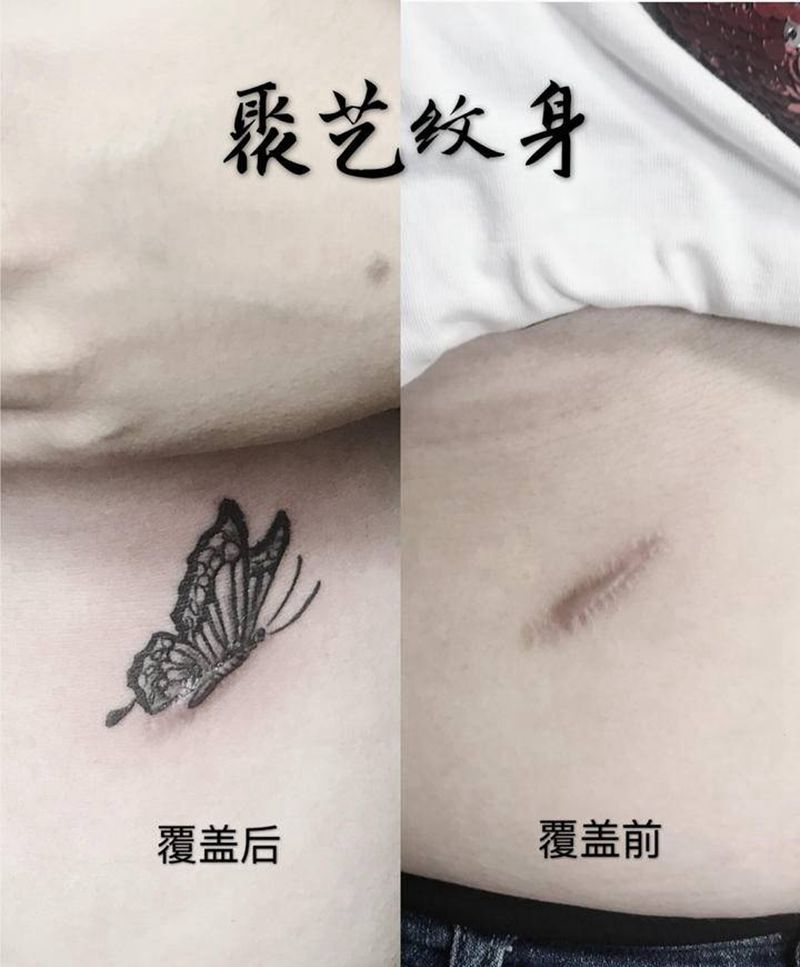 覆盖疤痕 清新蝴蝶纹身图片_腰部纹身图案