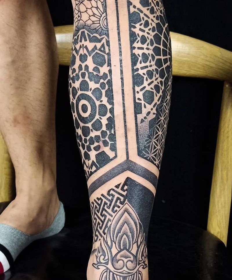 线条点刺小腿纹身图片_腿部脚部图腾几何小腿包腿图腾纹身图案