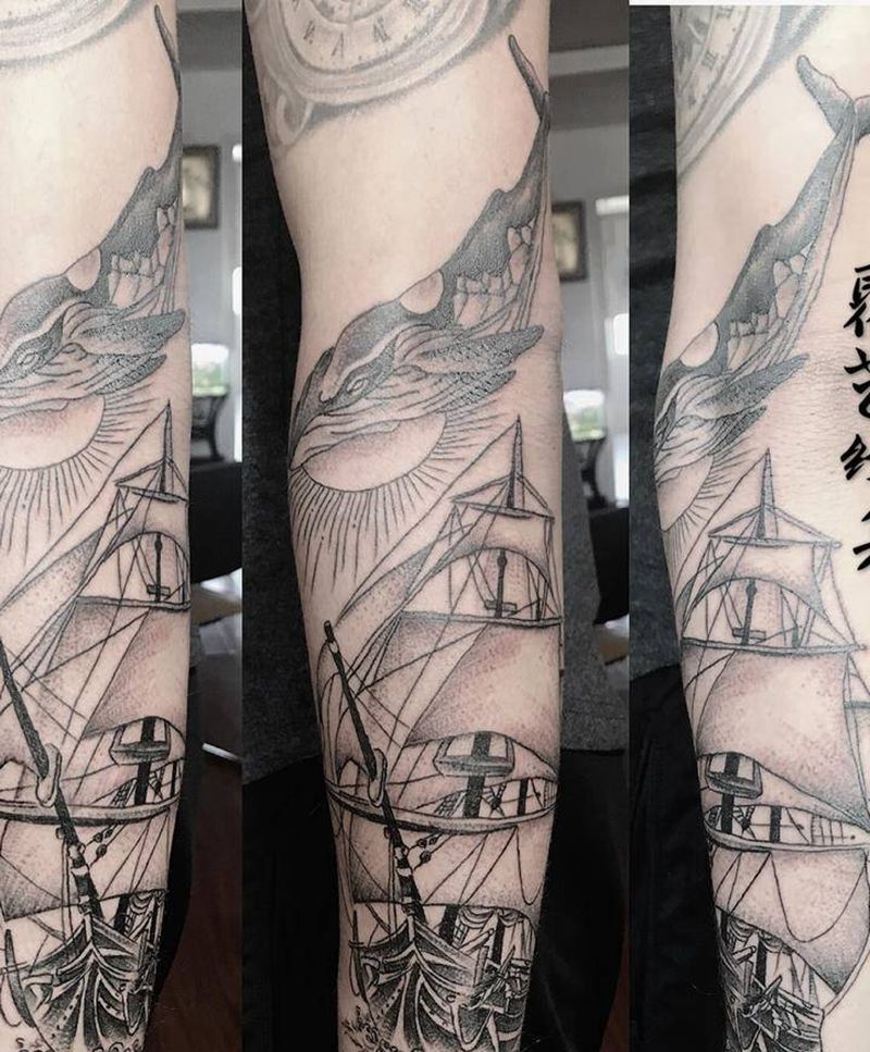 欧美 鲸鱼帆船 一帆纹身图片_手臂纹身图案
