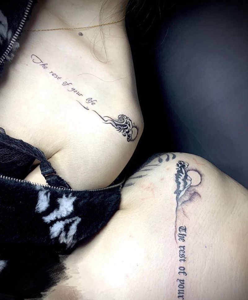 肩膀情侣山海英文纹身图片_肩部几何山海山河情侣纹身图案