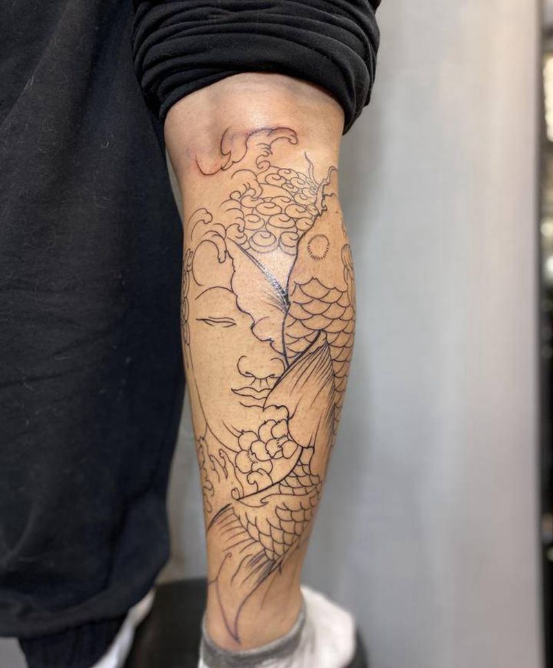 小腿鲤鱼纹身图片_腿部新传统纹身图案