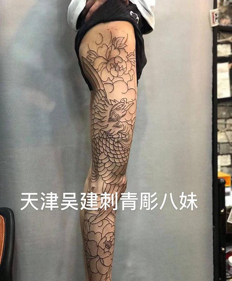 花腿凤纹身图片_腿部纹身图案