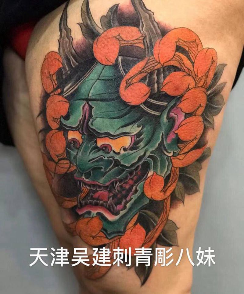 般若纹身图片_腿部新传统纹身图案