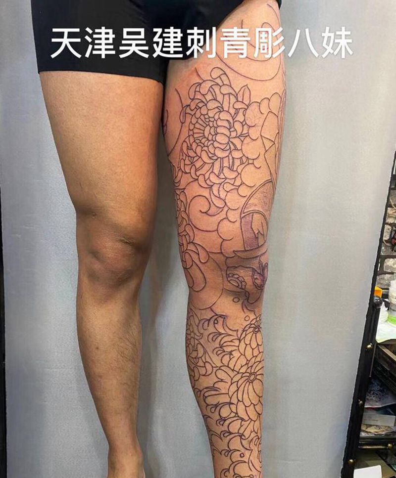 水浒人物线条未完成纹身图片_腿部纹身图案