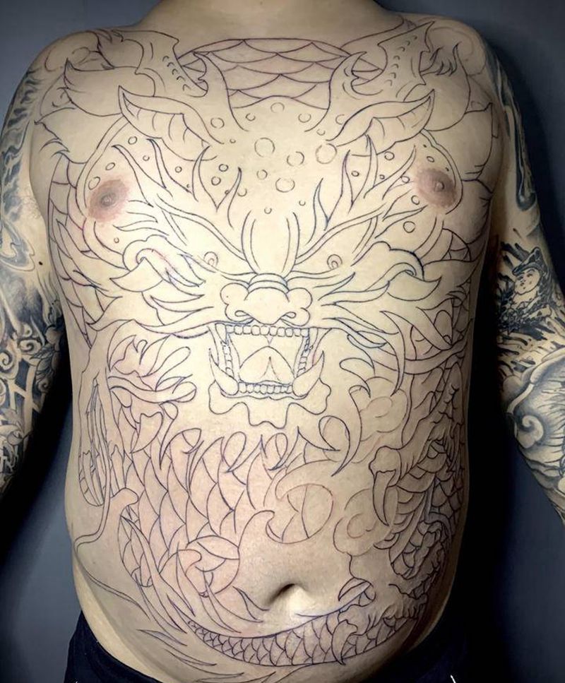 天津老传统正脸龙纹身图片_胸部腹部老传统天津正脸龙龙纹身图案