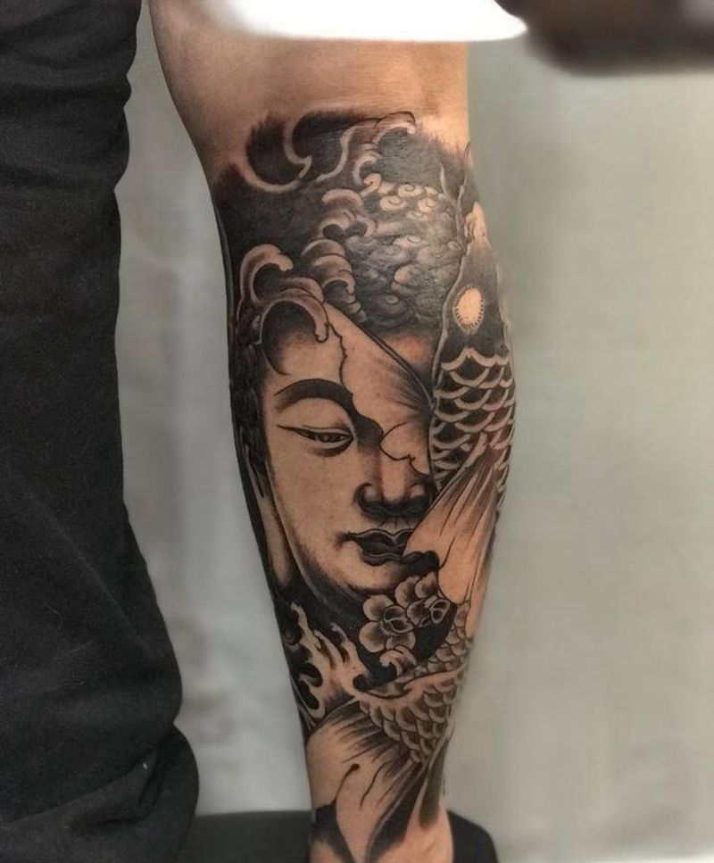 佛与鲤纹身图片_腿部纹身图案