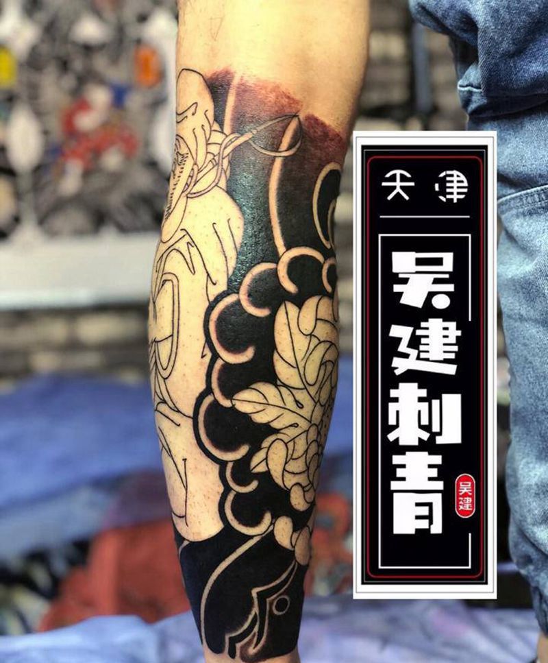 七福神惠比寿纹身图片_腿部老传统纹身图案