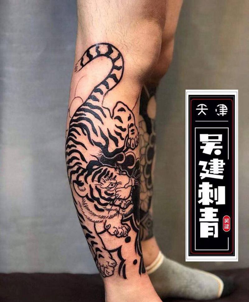 下山虎小腿纹身图片_腿部老传统纹身图案