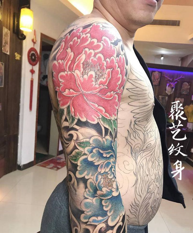 花臂牡丹纹身图片_手臂纹身图案