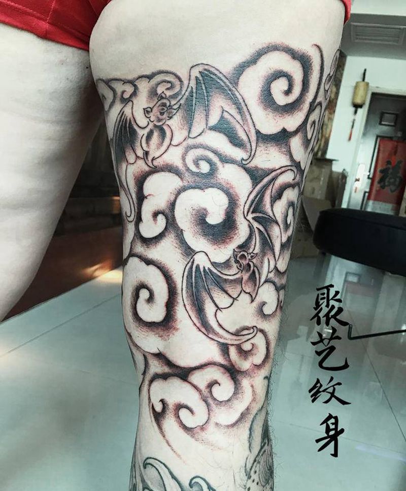 五福临门纹身图片_腿部纹身图案