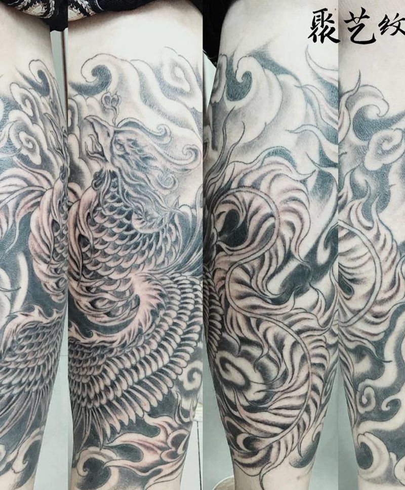 包小腿龙凤呈祥 凤凰纹身图片_腿部纹身图案