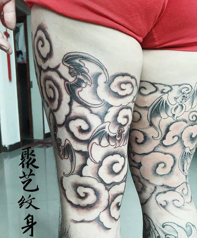 五福临门纹身图片_腿部纹身图案