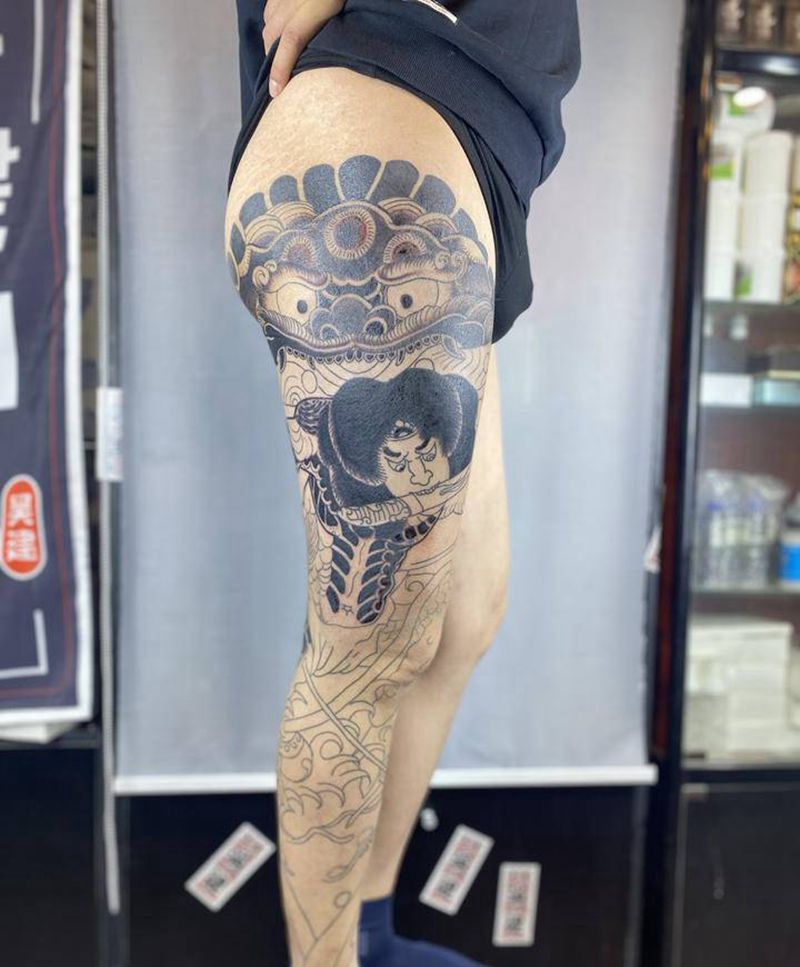 张顺破水门花腿纹身图片_腿部老传统纹身图案