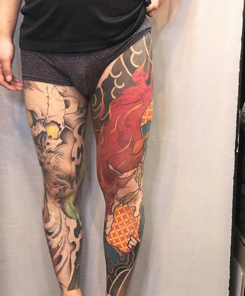 不动明王进展纹身图片_腿部老传统纹身图案
