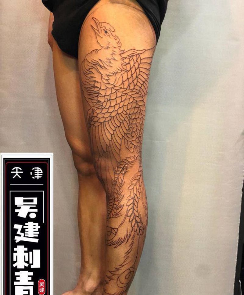 凤凰线条纹身图片_腿部老传统纹身图案