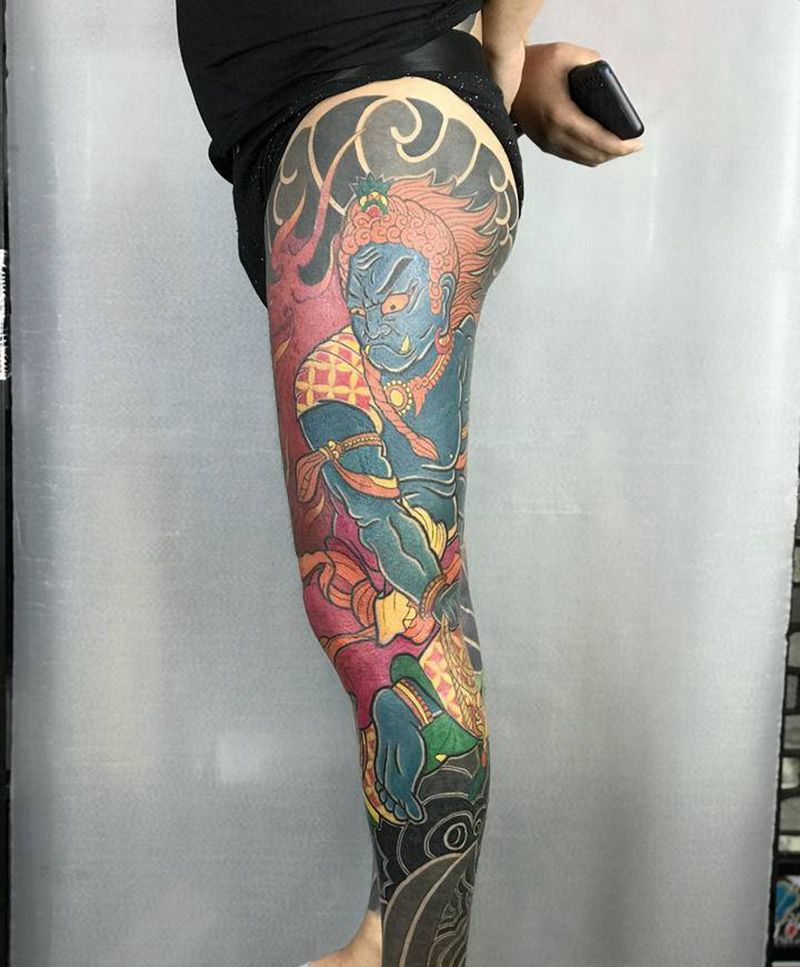 不动明王花腿竣工。喜欢的约。纹身图片_腿部老传统纹身图案