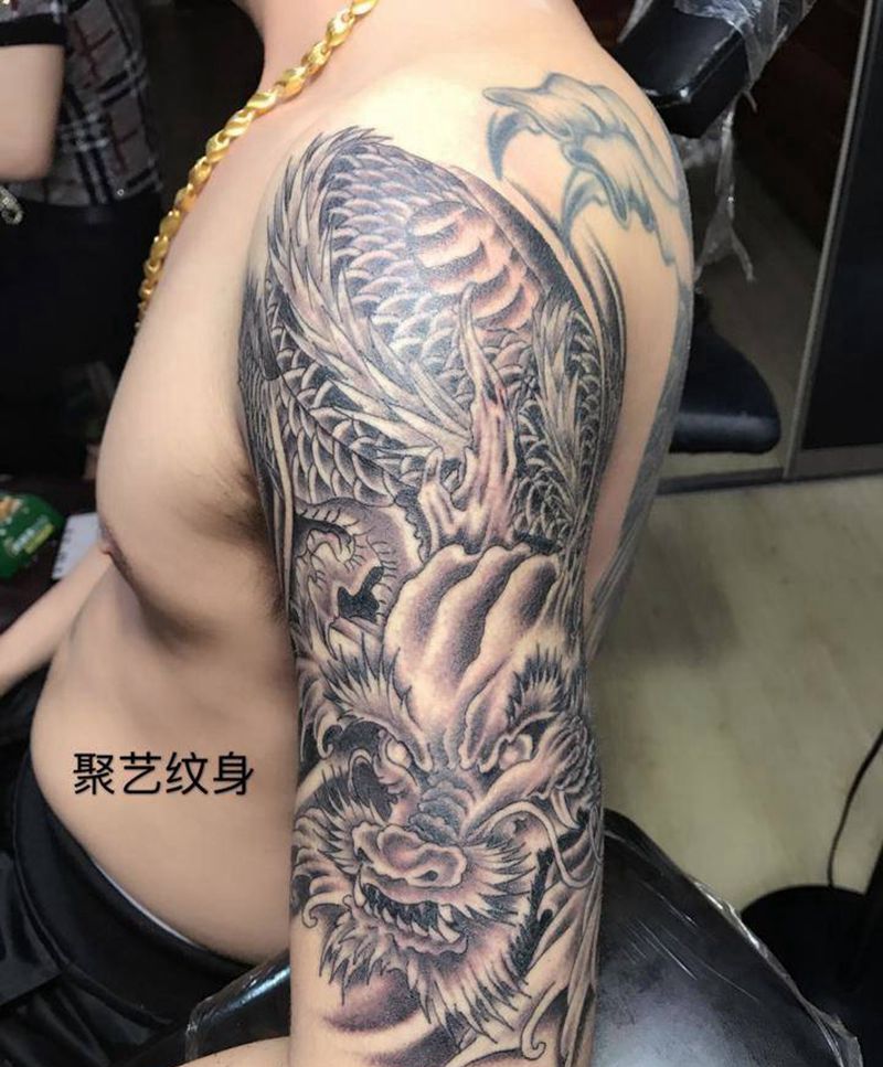 大臂祥龙纹身图片_成品手臂传统动物纹身图案