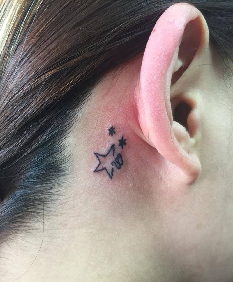 耳后 星星纹身图片_颈部清新几何字符成品纹身图案