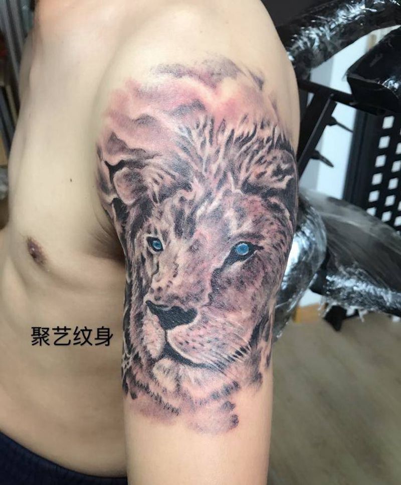 写实狮子纹身图片_成品手臂肖像动物纹身图案